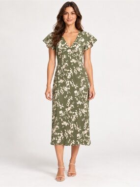 Dynamite Olive Green Floral V-Neck Midi Dress Size L